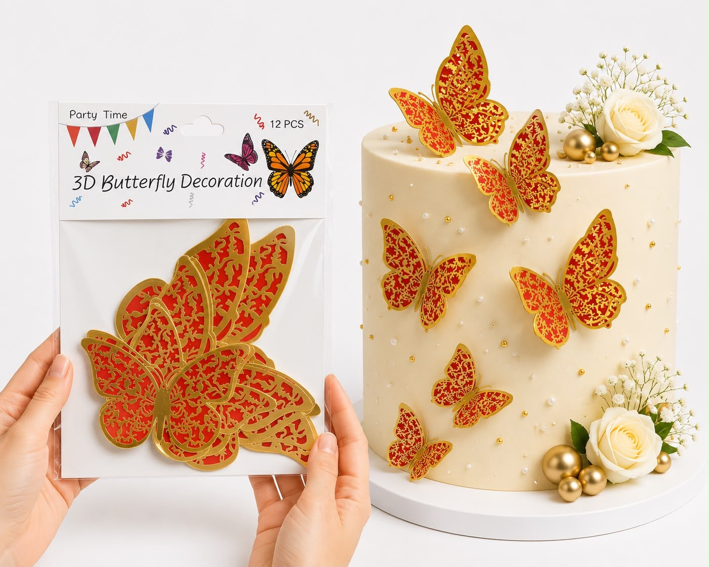 3D Golden & Red Butterflies For Cake Decoration (12Pcs)