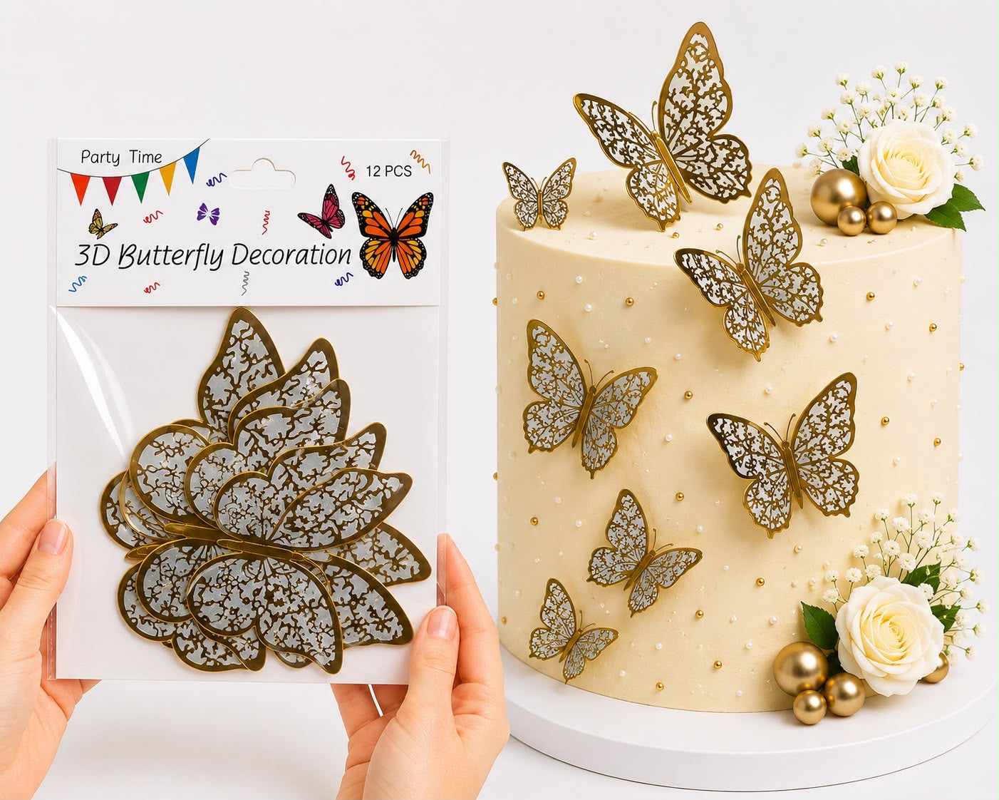 3D Golden & Grey Butterflies For Cake Decoration (12Pcs)