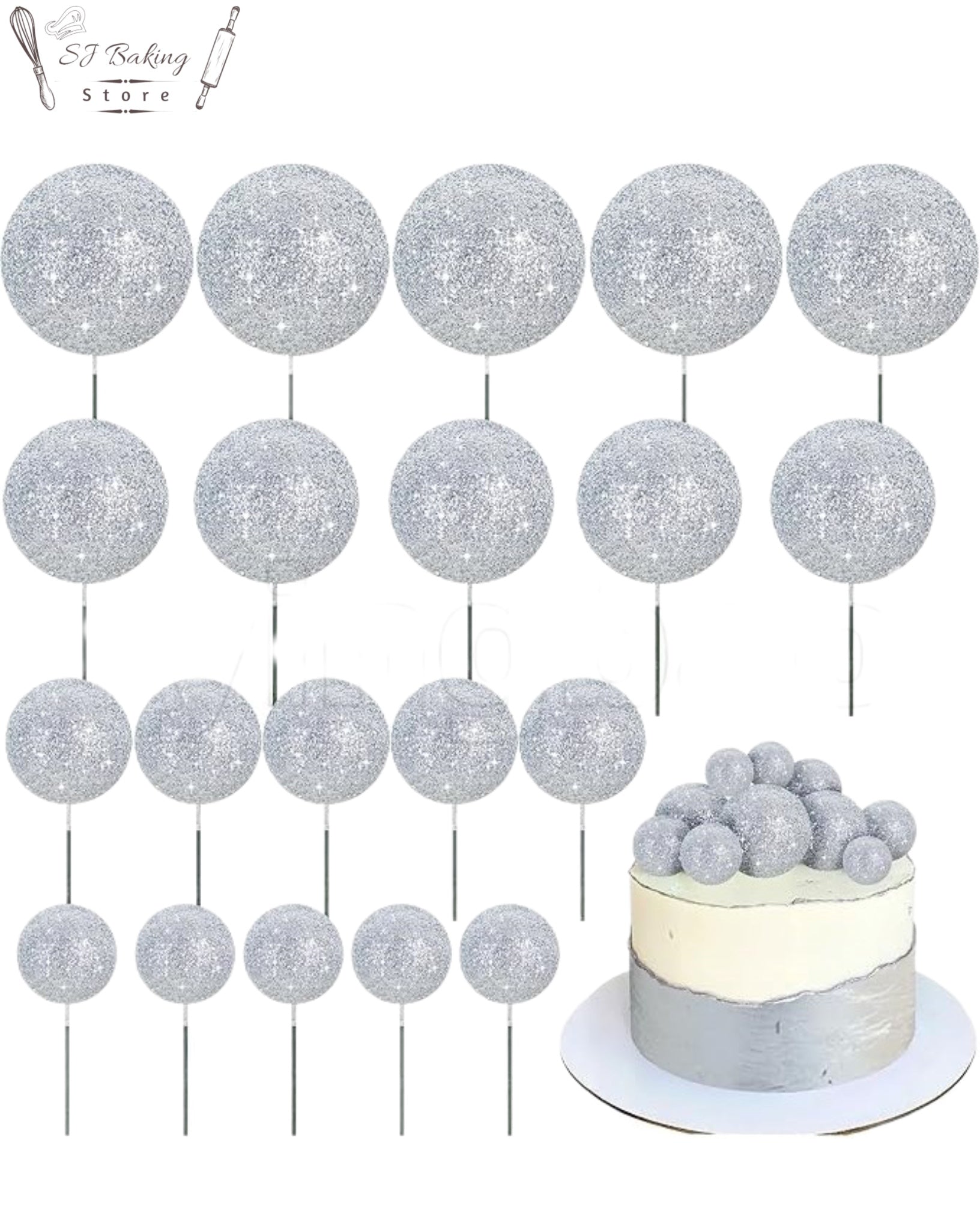 Faux Balls Silver Glitter Topper