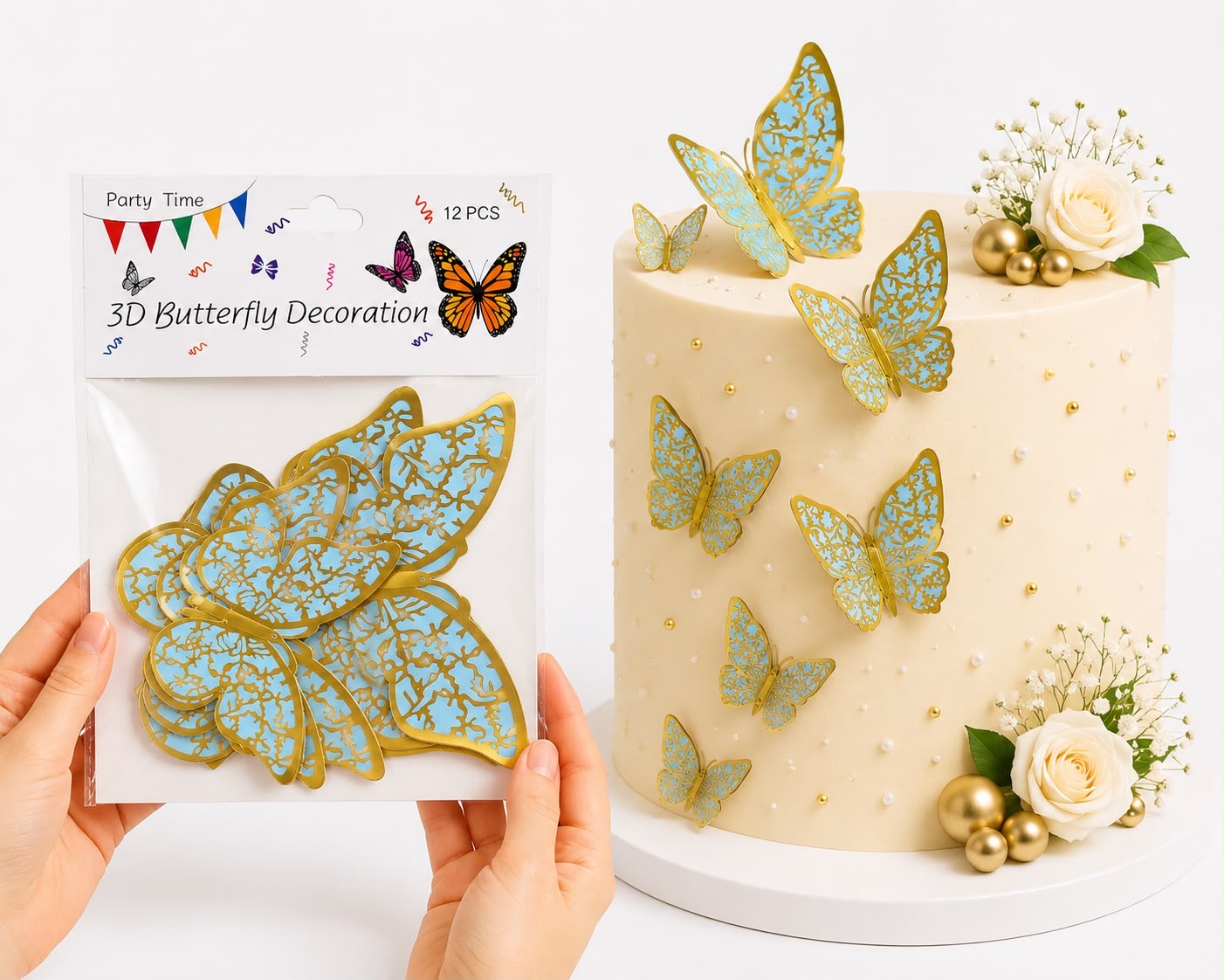 3D Golden & Blue Butterflies For Cake Decoration (12Pcs)