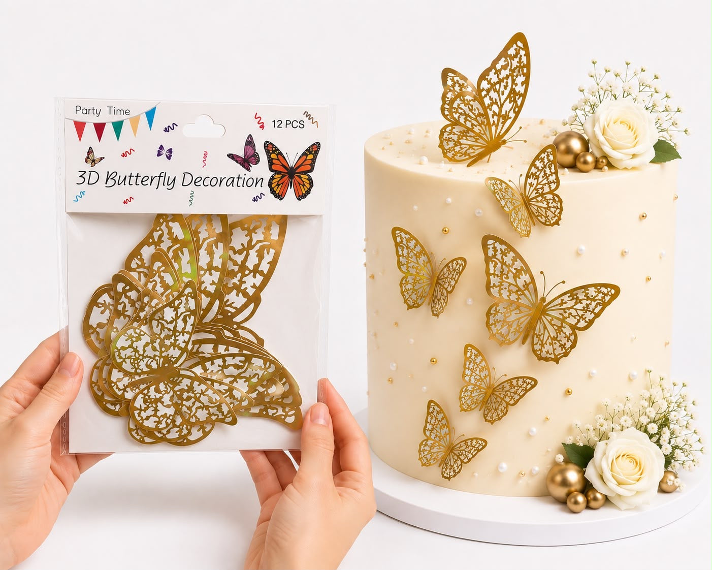 3D Golden & White Butterflies For Cake Decoration (12Pcs)