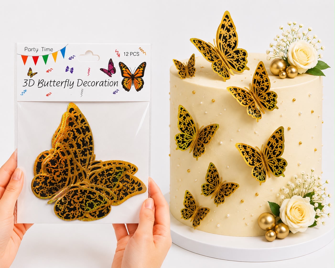 3D Golden & Black Butterflies For Cake Decoration (12Pcs)