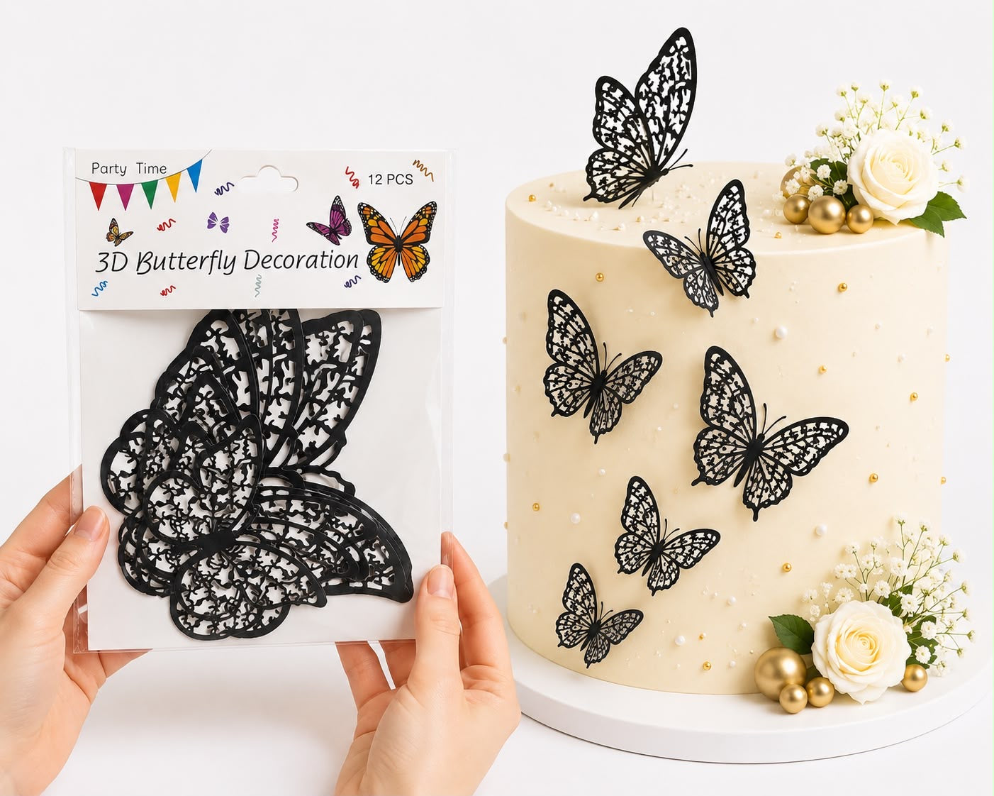 3D Black & White Butterflies For Cake Decoration (12Pcs)