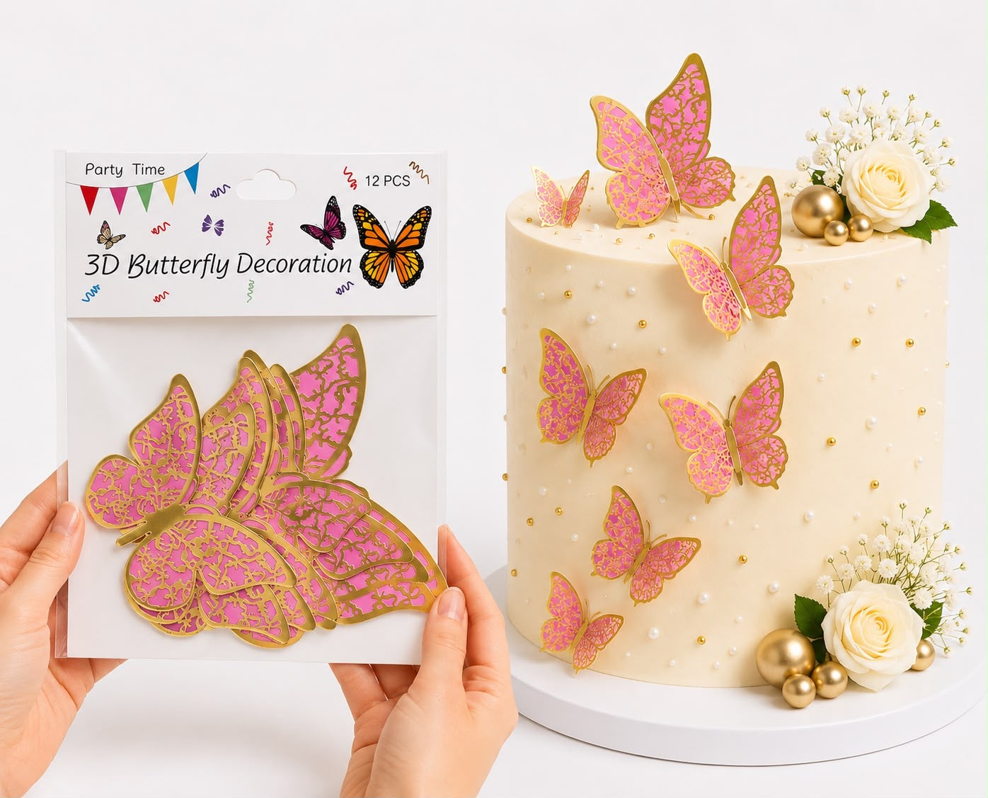 3D Golden & Pink Butterflies For Cake Decoration (12Pcs)