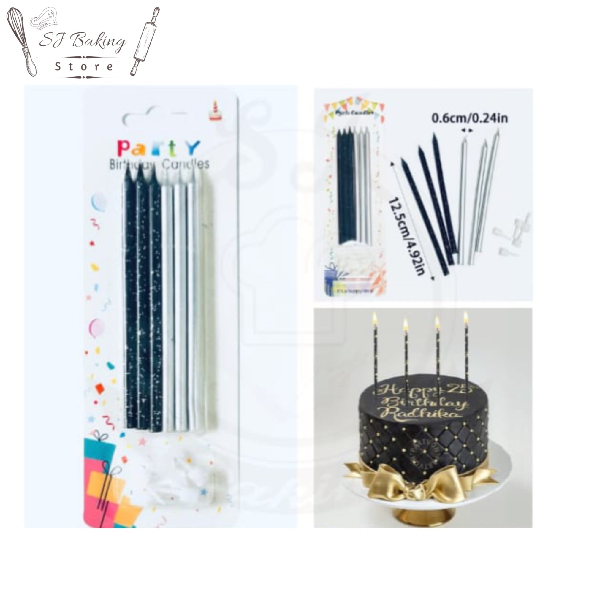 Black & Silver Straight Birthday Candles For Cake Decoration