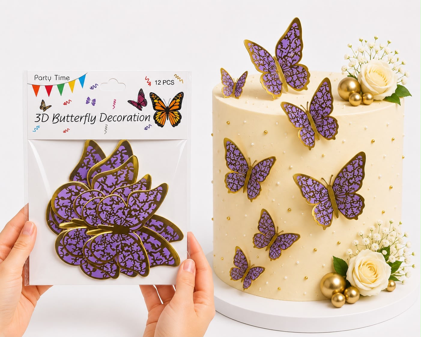 3D Golden & Purple Butterflies For Cake Decoration (12Pcs)