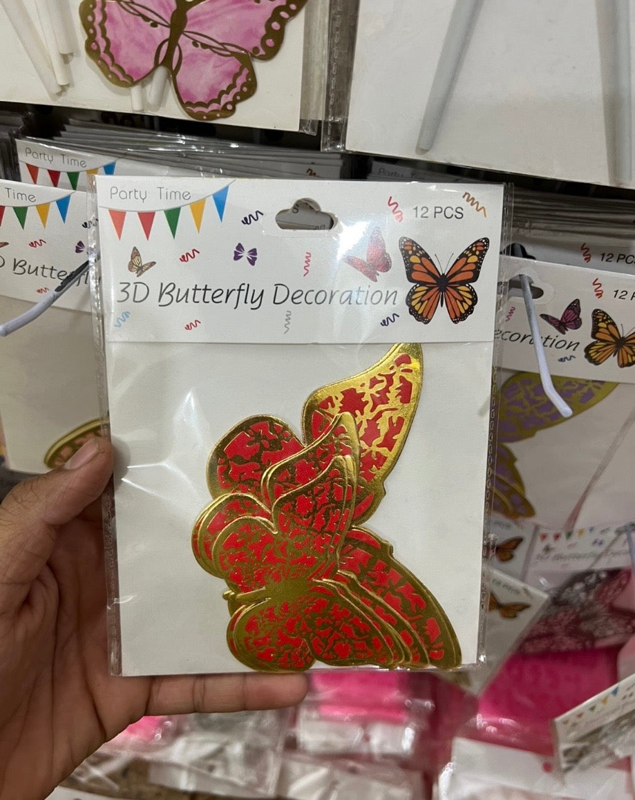 3D Red & Gold  Butterflies Pack of 12Pcs