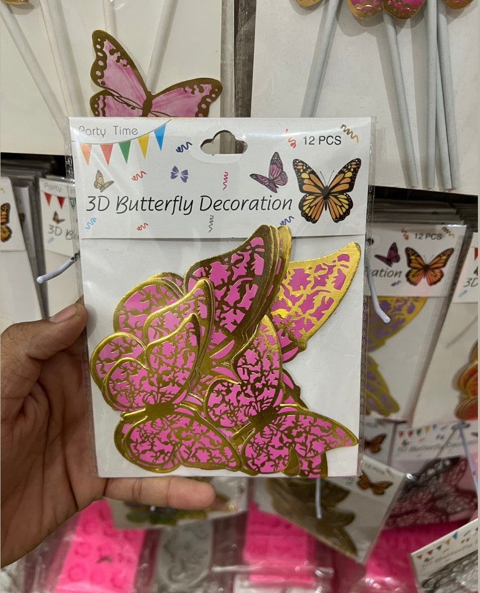 3D Pink & Gold  Butterflies Pack of 12Pcs