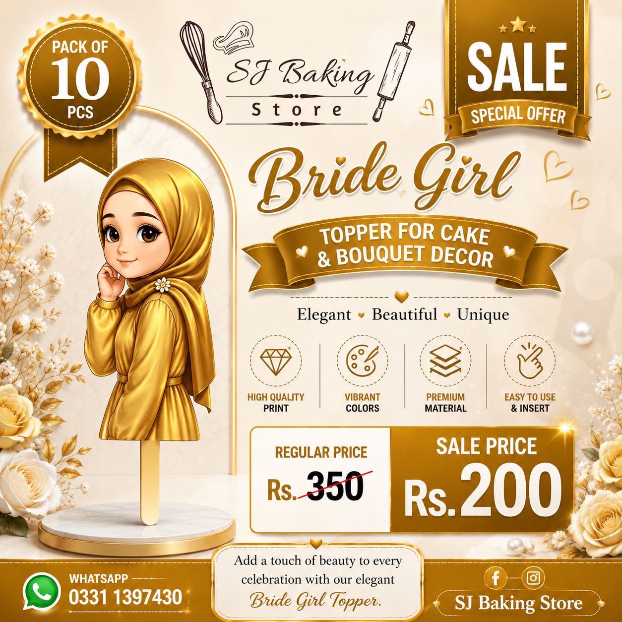 Yellow Bride Girl Topper For Cake & Bouquet Décor (Pack of 10Pcs)