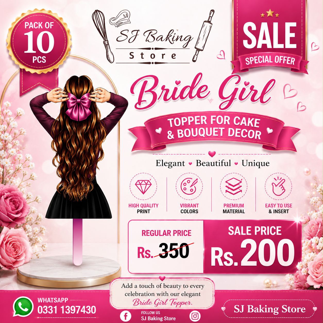 Pink Bride Girl Topper For Cake & Bouquet Décor (Pack of 10Pcs)