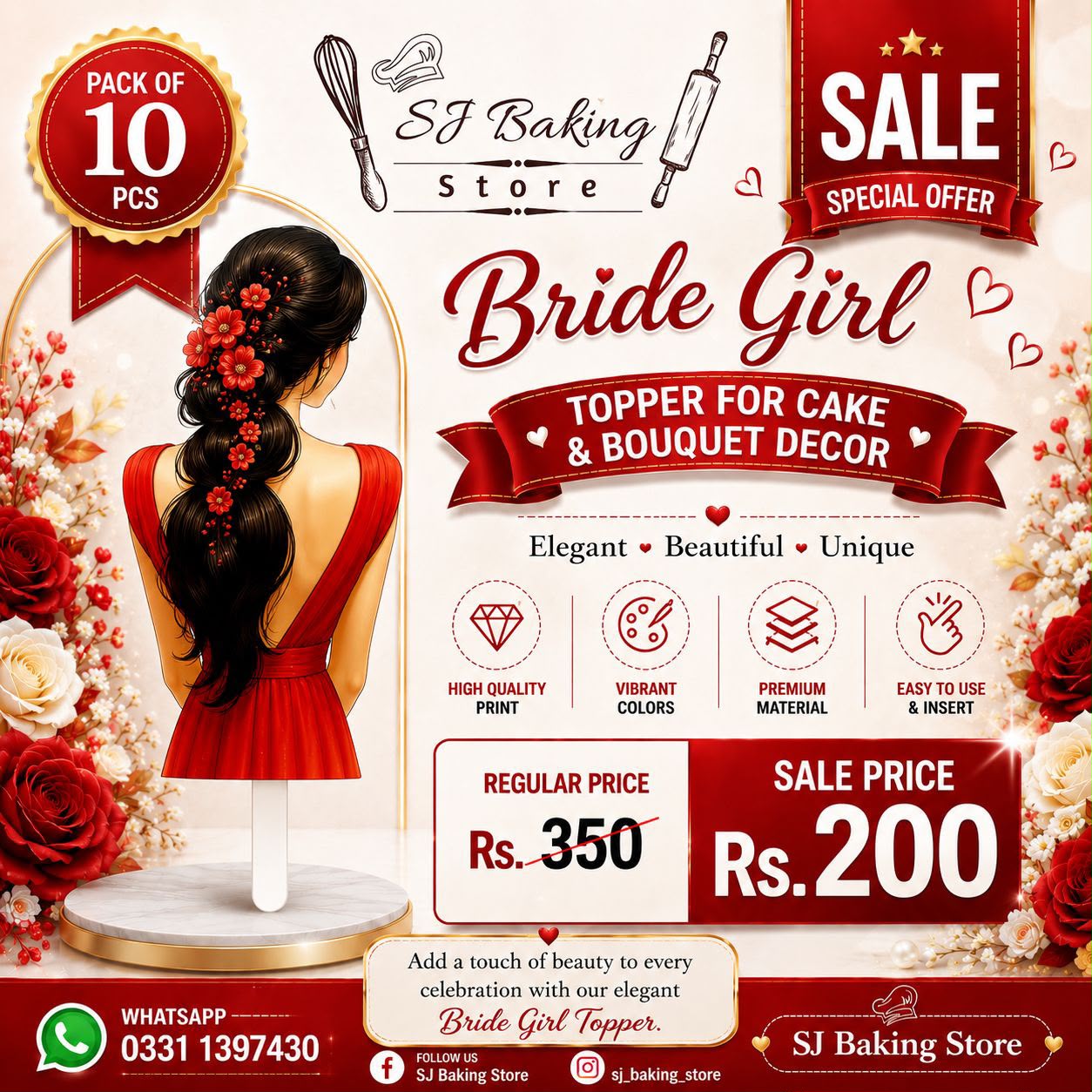 Red Bride Girl Topper For Cake & Bouquet Décor (Pack of 10Pcs)
