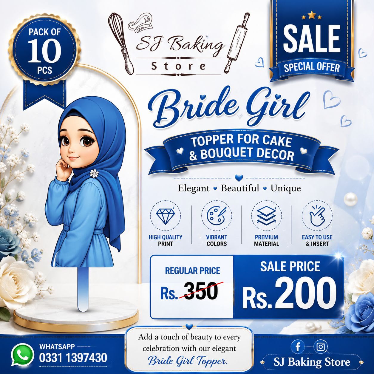 Blue Bride Girl Topper For Cake & Bouquet Décor (Pack of 10Pcs)
