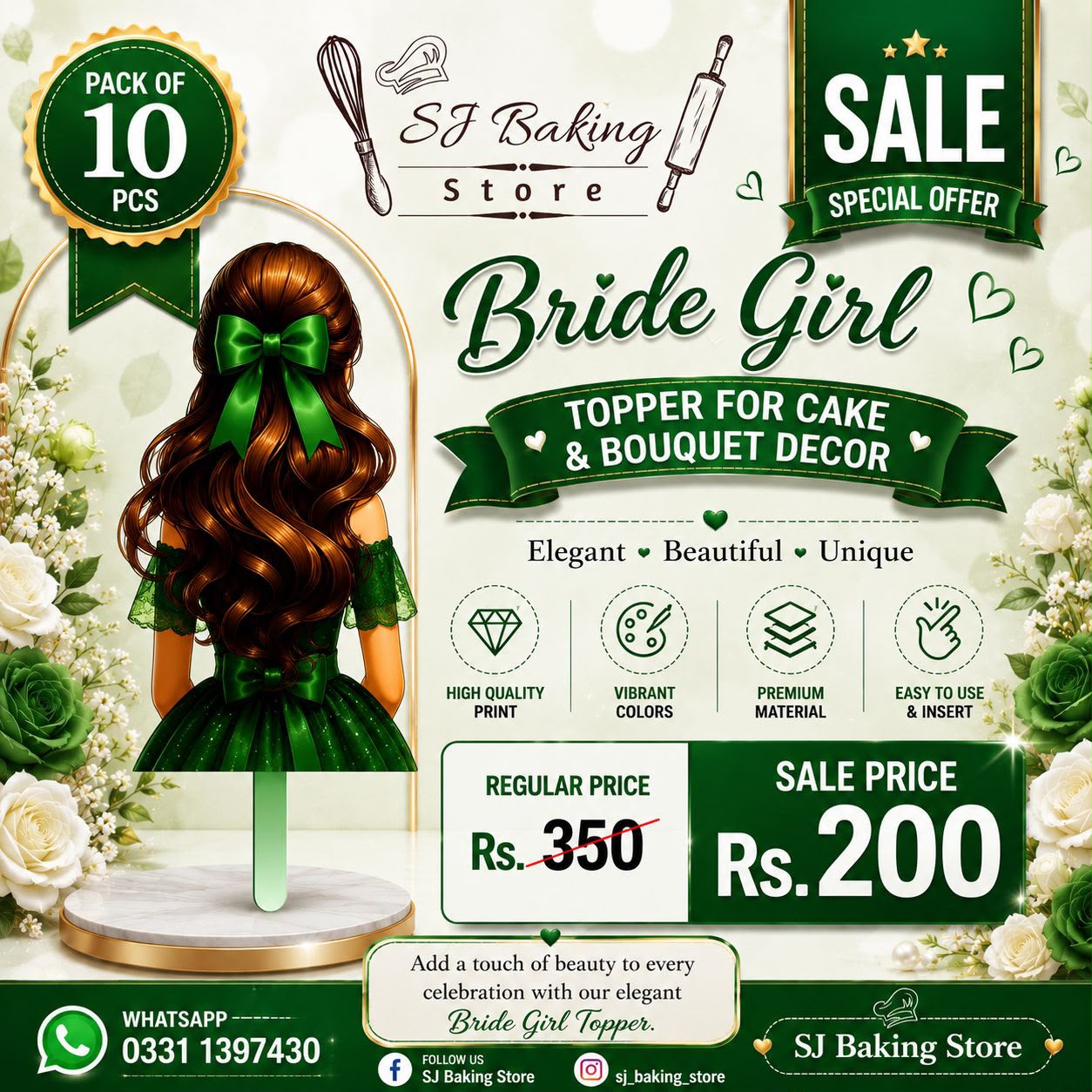 Green Bride Girl Topper For Cake & Bouquet Décor (Pack of 10Pcs)