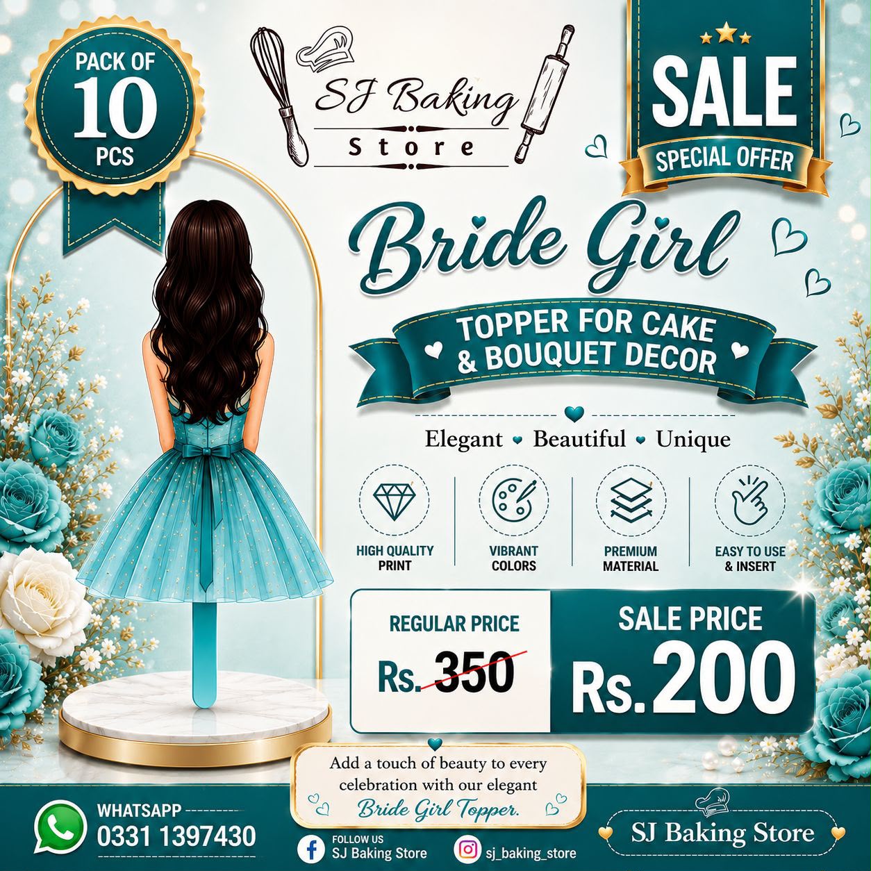 Turquoise Bride Girl Topper For Cake & Bouquet Décor (Pack of 10Pcs)