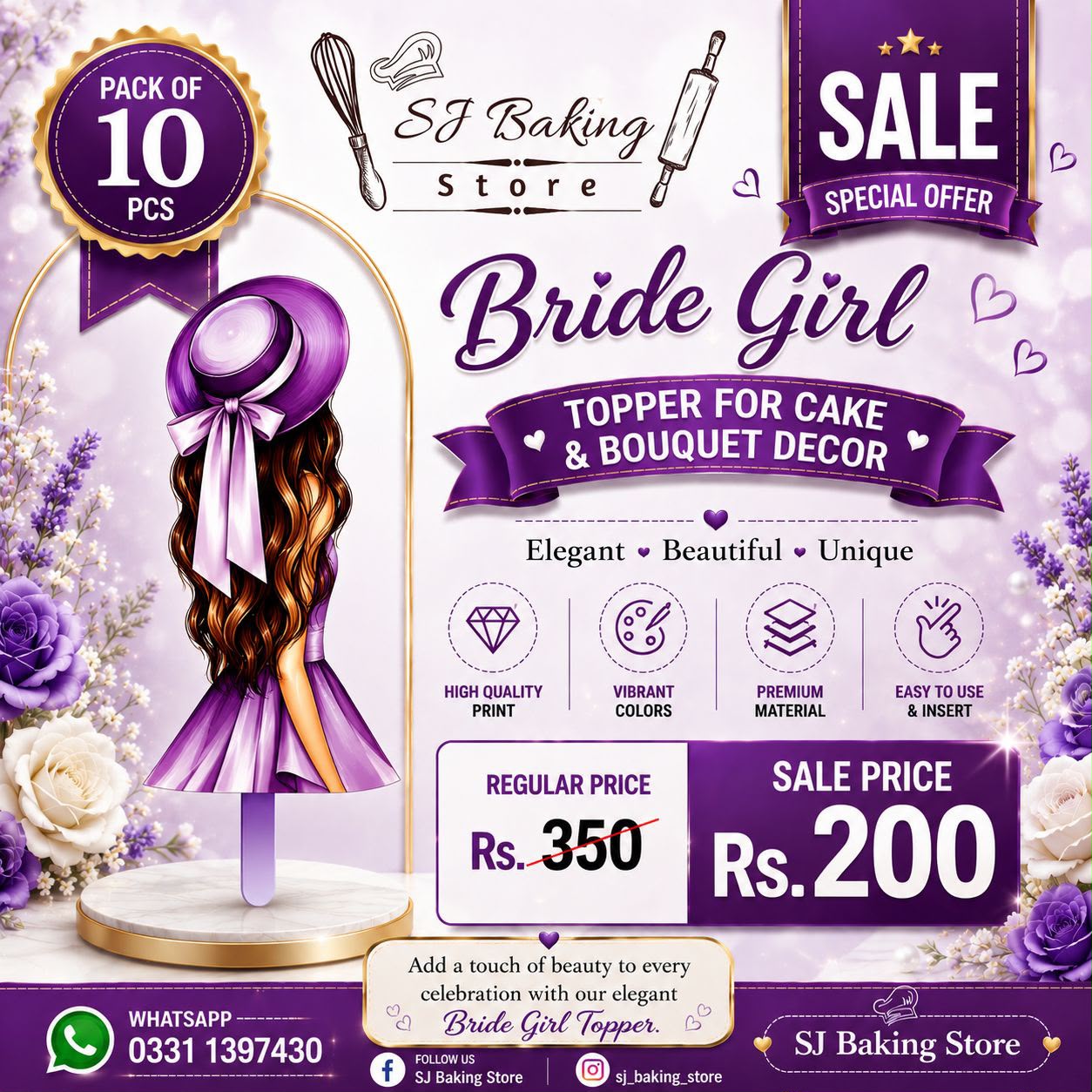 Purple Bride Girl Topper For Cake & Bouquet Décor (Pack of 10Pcs)