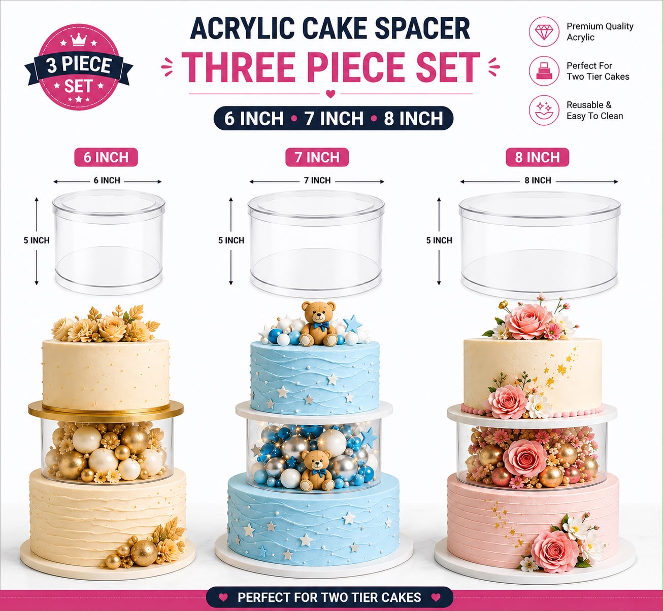 Acrylic Cake Spacer (Three PCs Set)