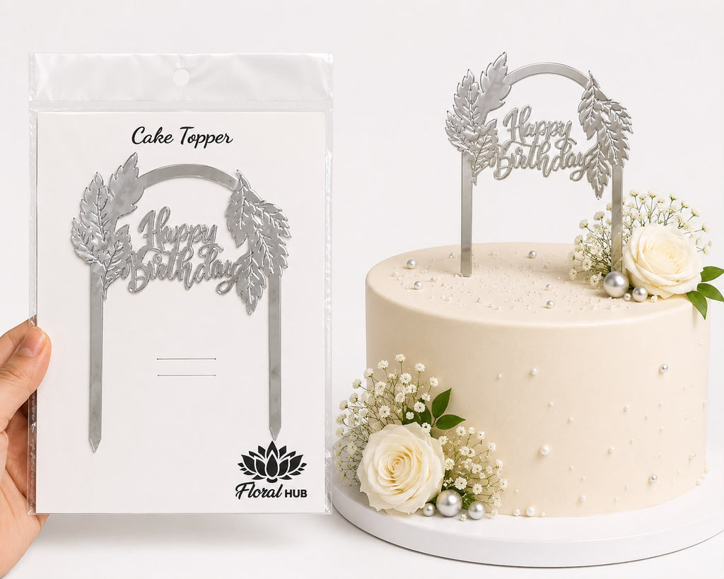 Happy Birthday Acrylic Leaf Topper Silver