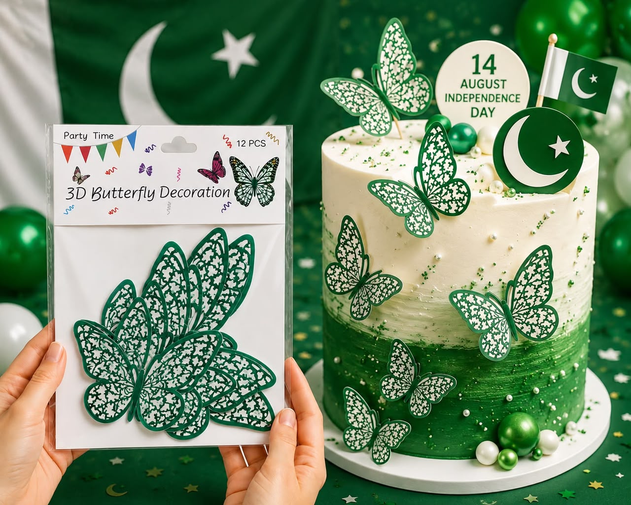 Pakistan Flag Themed 3D Butterfly Decór ( Pack of 12)