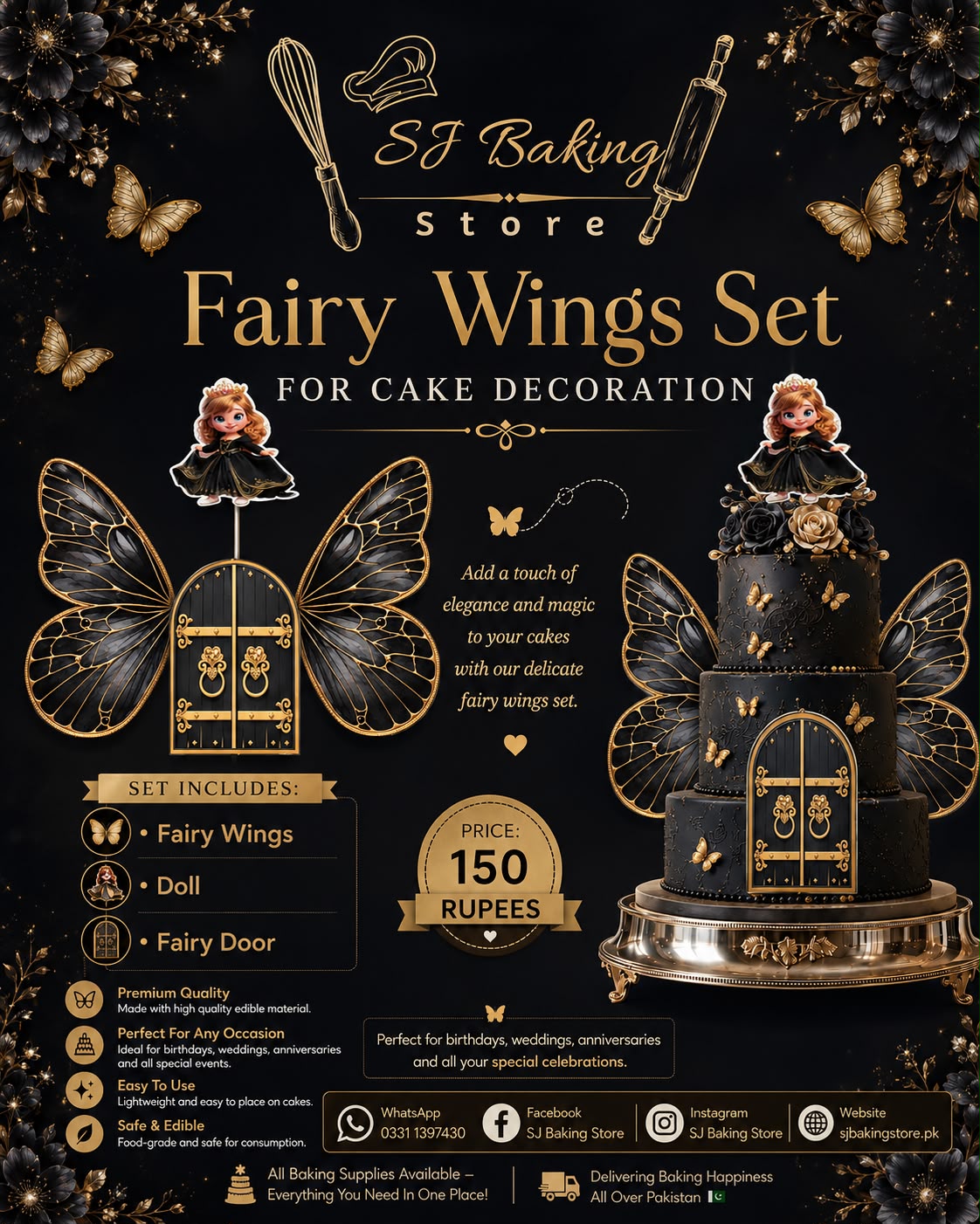 Black Fairy Wings Cake Topper Set