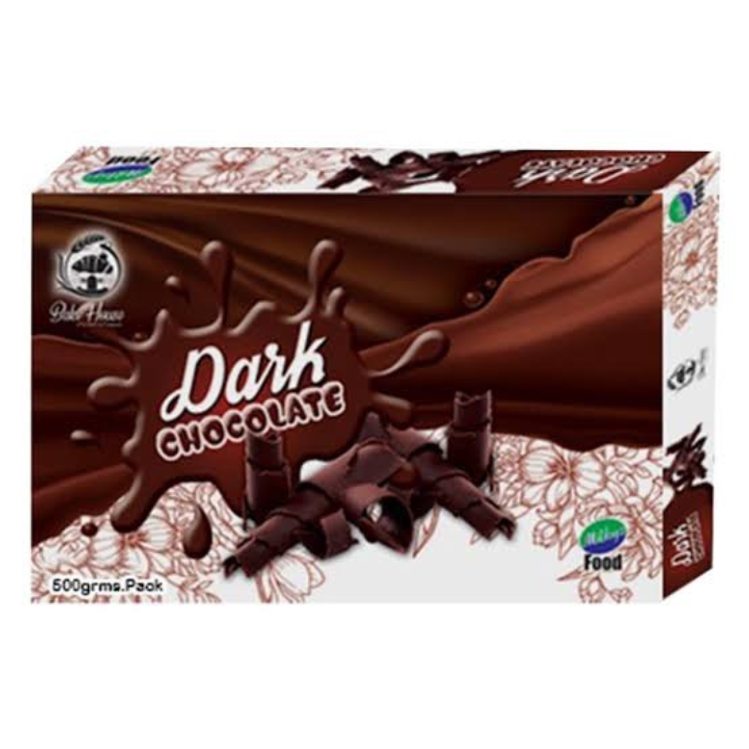Box of dark chocolate with visible brand logo on a white background