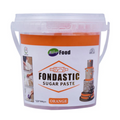 Bucket of Fondastic sugar paste with an orange label on a black background