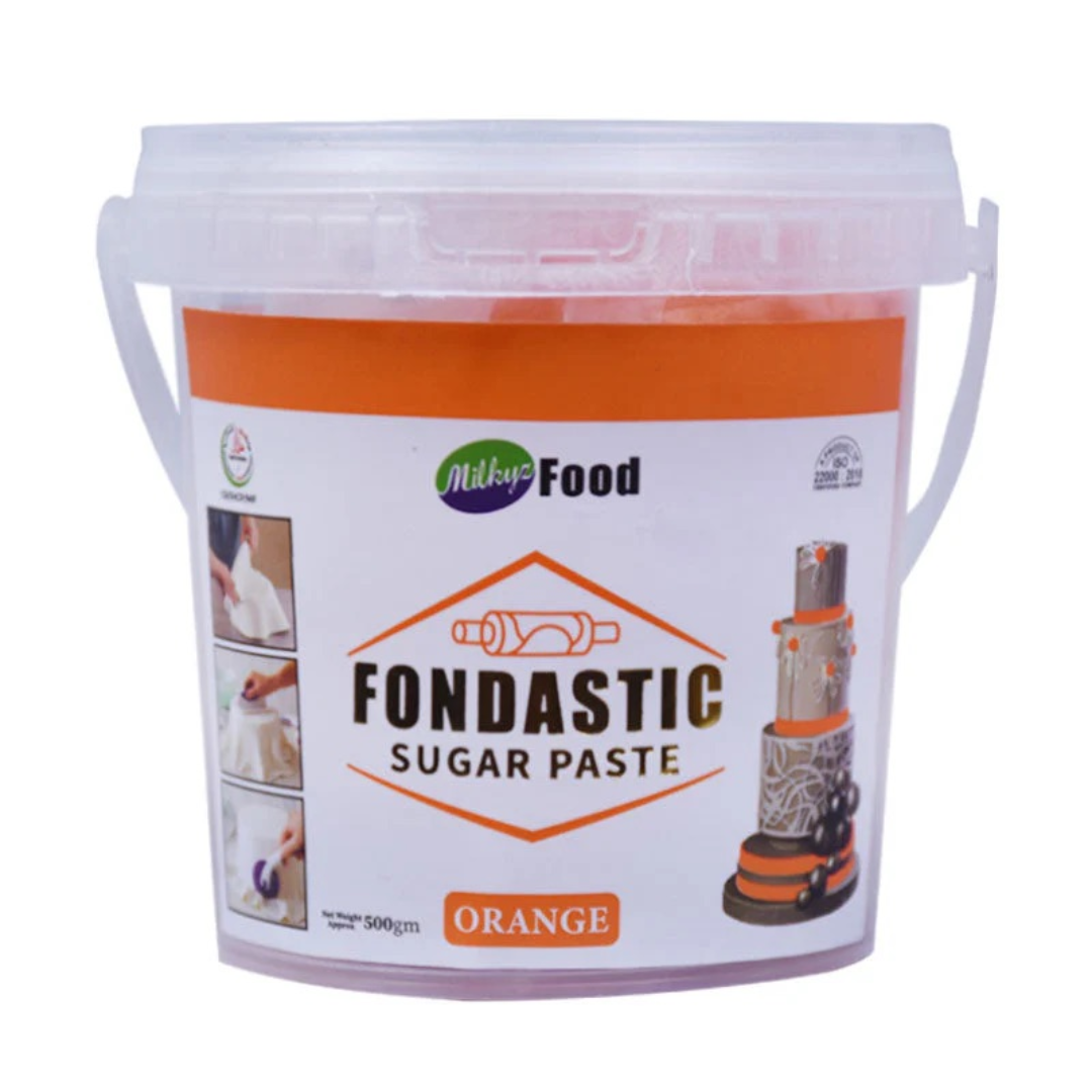 Bucket of Fondastic sugar paste with an orange label on a black background