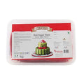 Packaged red sugar paste with a cake illustration on a white background