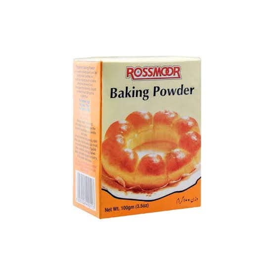 Box of Rossmodr baking powder with a cake image on a white background