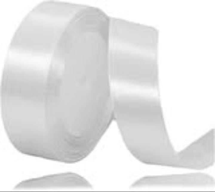 White ribbon roll with text indicating length on a white background